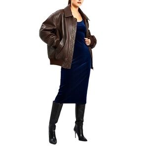 Vtg 90s navy blue stretch velour minimalist midi slip dress 16 / XS